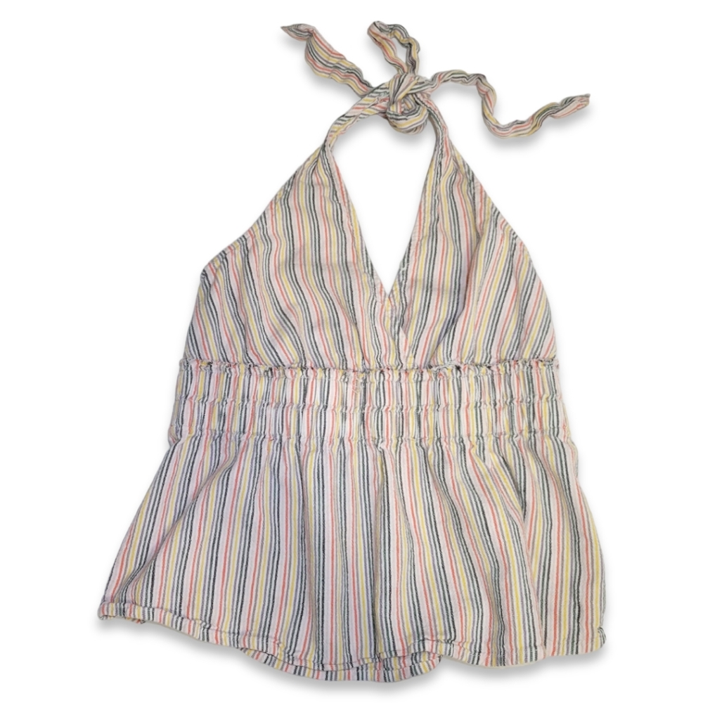 AMERICAN EAGLE Womens Top Linen Baby Doll Stripe Blend Halter Smocked Size XS